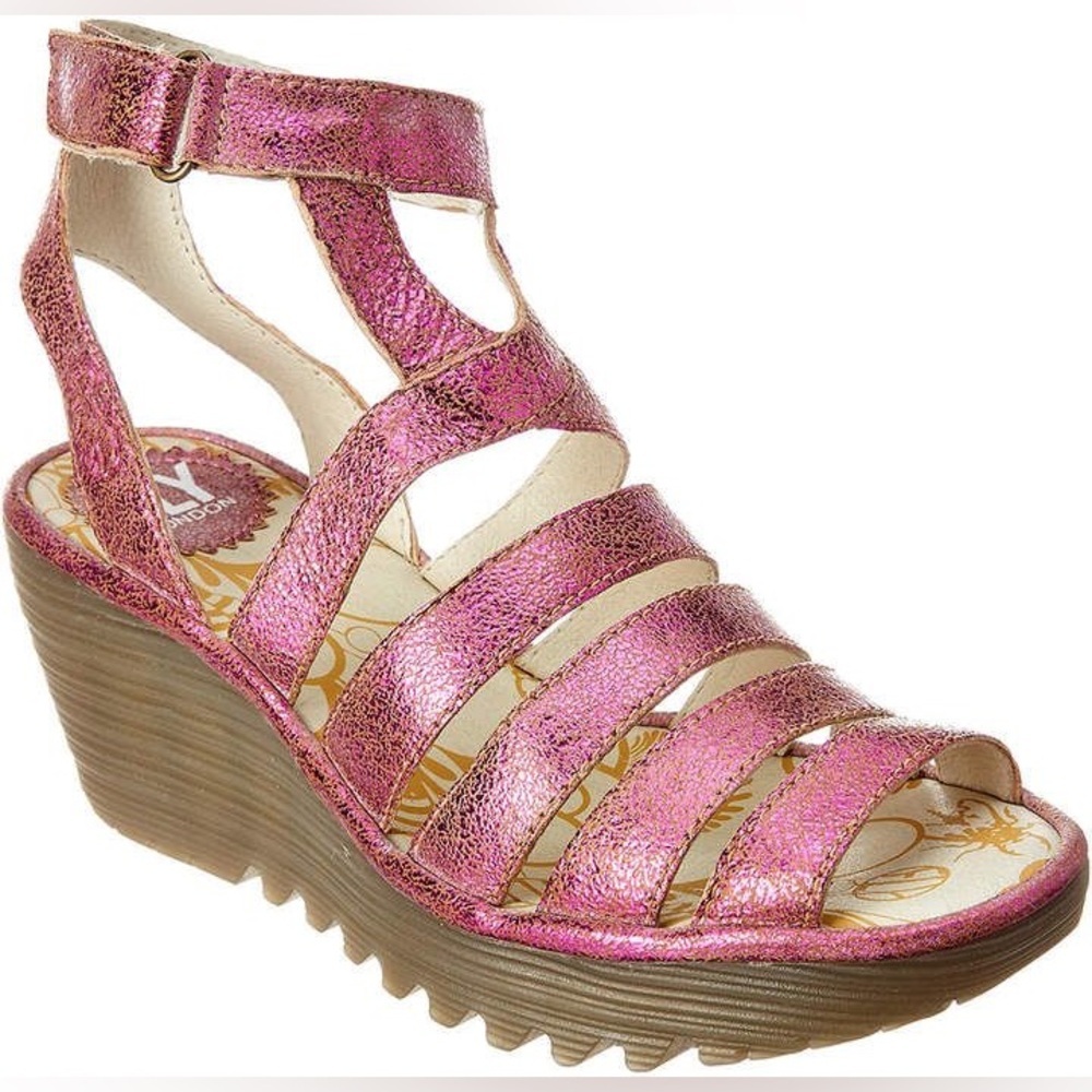 FLY LONDON "Yeba" Pink Metallic Wedge Sandal